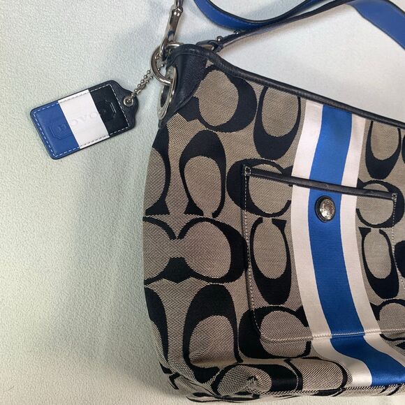 Coach Jacquard Black Blue Hamptons Weekend Satchel Purse C1282-10055 shoulder - Picture 5 of 11